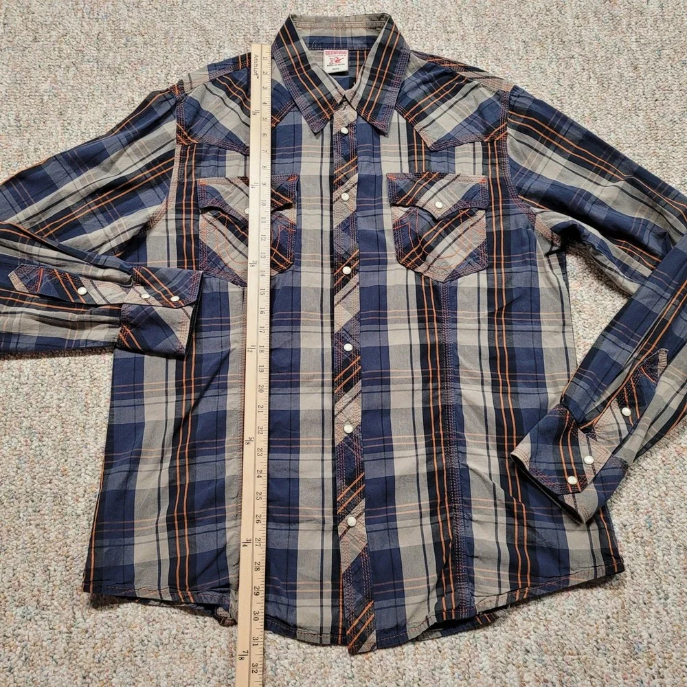 True Religion Western Shirt Mens 3XL Blue Plaid Pearl Snap Long Sleeve Cowboy